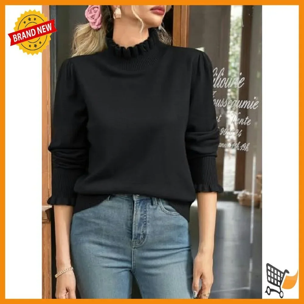 Ruffle Mock Neck Sweater Puff Sleeve Knit Pullover Women's Fall Top